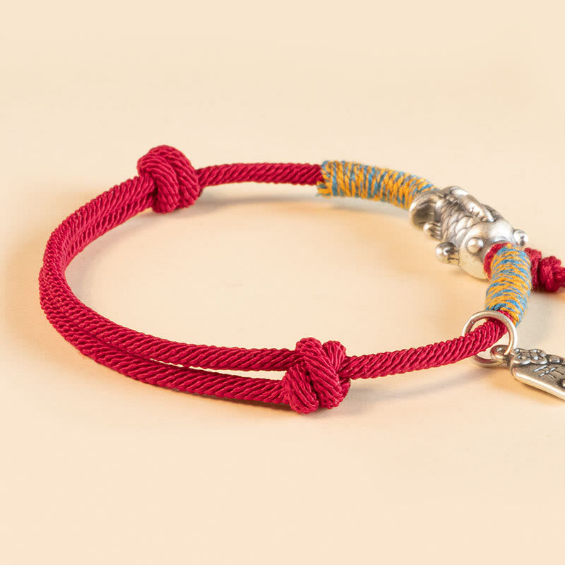 Pulsera de protección de peces Koi de la suerte con hilo rojo de plata de ley 999 con Buddha Stones
