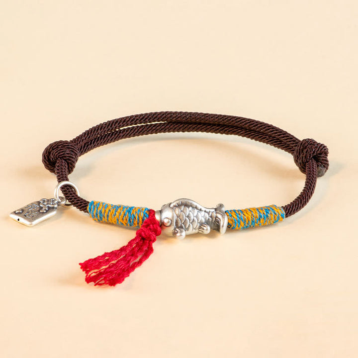 Pulsera de protección de peces Koi de la suerte con hilo rojo de plata de ley 999 con Buddha Stones - Marrón (circunferencia de la muñeca 14-18 cm) - image 2