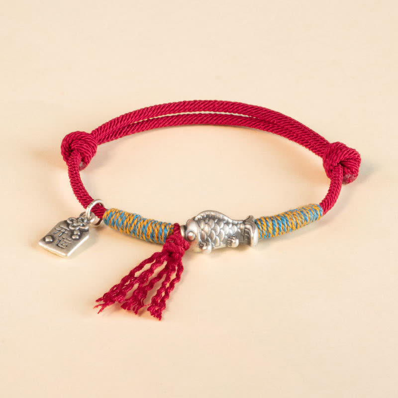Pulsera de protección de peces Koi de la suerte con hilo rojo de plata de ley 999 con Buddha Stones