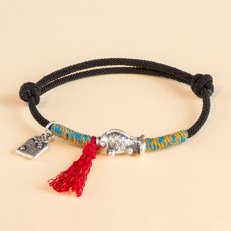 Pulsera de protección de peces Koi de la suerte con hilo rojo de plata de ley 999 con Buddha Stones