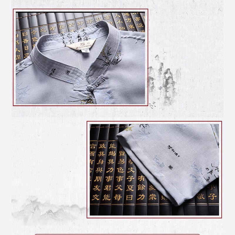 Buddha Stones botón de rana Fu personaje dragón hoja de bambú traje chino camisa de manga corta de lino con bolsillos - image 11