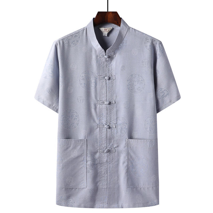 Buddha Stones botón de rana Fu personaje dragón hoja de bambú traje chino camisa de manga corta de lino con bolsillos - Azul claro - Dragón - US/UK/AU46，EU56 (4XL)  - image 7