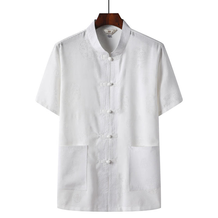 Buddha Stones botón de rana Fu personaje dragón hoja de bambú traje chino camisa de manga corta de lino con bolsillos - Blanco - Dragón - US/UK/AU46，EU56 (4XL)  - image 8
