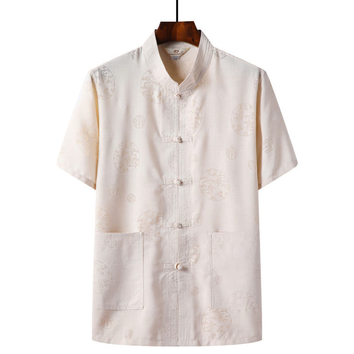 Buddha Stones botón de rana Fu personaje dragón hoja de bambú traje chino camisa de manga corta de lino con bolsillos - Amarillo claro - Dragón - US/UK/AU46，EU56 (4XL)  - image 6