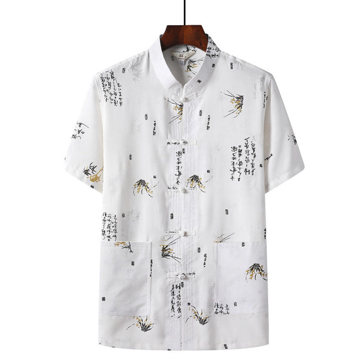 Buddha Stones botón de rana Fu personaje dragón hoja de bambú traje chino camisa de manga corta de lino con bolsillos - Blanco - Hoja de bambú - US/UK/AU46，EU56 (4XL)  - image 13