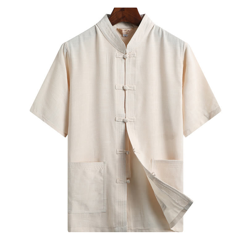 Buddha Stones botón de rana Fu personaje dragón hoja de bambú traje chino camisa de manga corta de lino con bolsillos - Amarillo claro - Color sólido - US/UK/AU46，EU56 (4XL)  - image 14