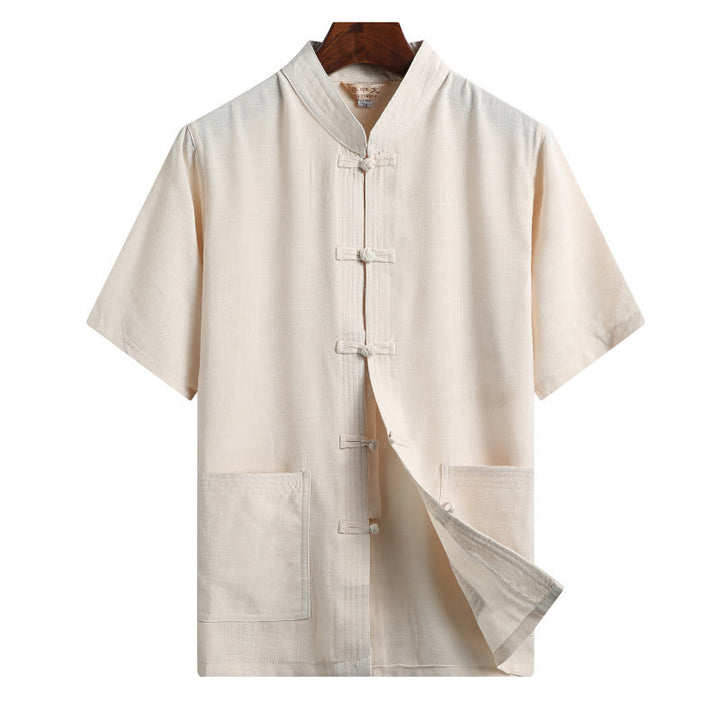 Buddha Stones botón de rana Fu personaje dragón hoja de bambú traje chino camisa de manga corta de lino con bolsillos - Amarillo claro - Color sólido - US/UK/AU46，EU56 (4XL)  - image 14