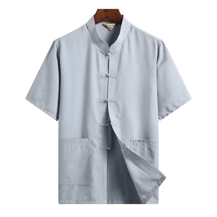 Buddha Stones botón de rana Fu personaje dragón hoja de bambú traje chino camisa de manga corta de lino con bolsillos - Azul claro - Color sólido - US/UK/AU46，EU56 (4XL)  - image 15
