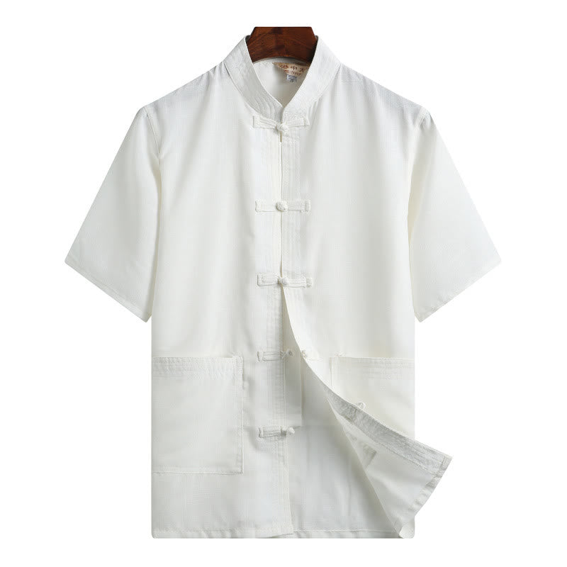 Buddha Stones botón de rana Fu personaje dragón hoja de bambú traje chino camisa de manga corta de lino con bolsillos - Blanco - Color sólido - US/UK/AU46，EU56 (4XL)  - image 16