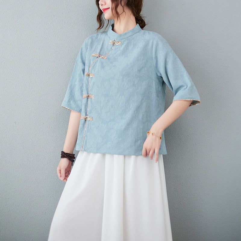 Camisa de lino y algodón con media manga y botones de rana con estampado floral de Buddha Stones - Azul acero claro - 2XL(apto para US8-10; UK/AU12-14; UE 40-42) - image 8