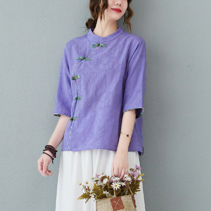 Camisa de lino y algodón con media manga y botones de rana con estampado floral de Buddha Stones - Morado medio - 2XL(apto para US8-10; UK/AU12-14; UE 40-42) - image 7