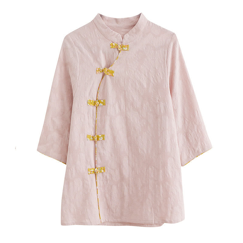 Camisa de lino y algodón con media manga y botones de rana con estampado floral de Buddha Stones - image 2