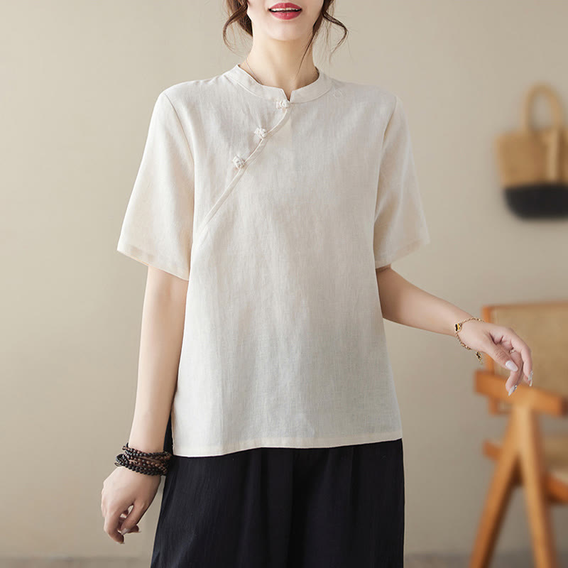 Camisa de lino y algodón de manga corta con botones de rana de color liso con Buddha Stones - image 1