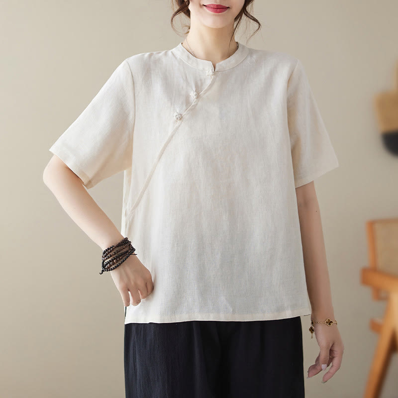 Camisa de lino y algodón de manga corta con botones de rana de color liso con Buddha Stones - Blanco - 2XL(apto para US8-10; UK/AU12-14; UE 40-42) - image 0