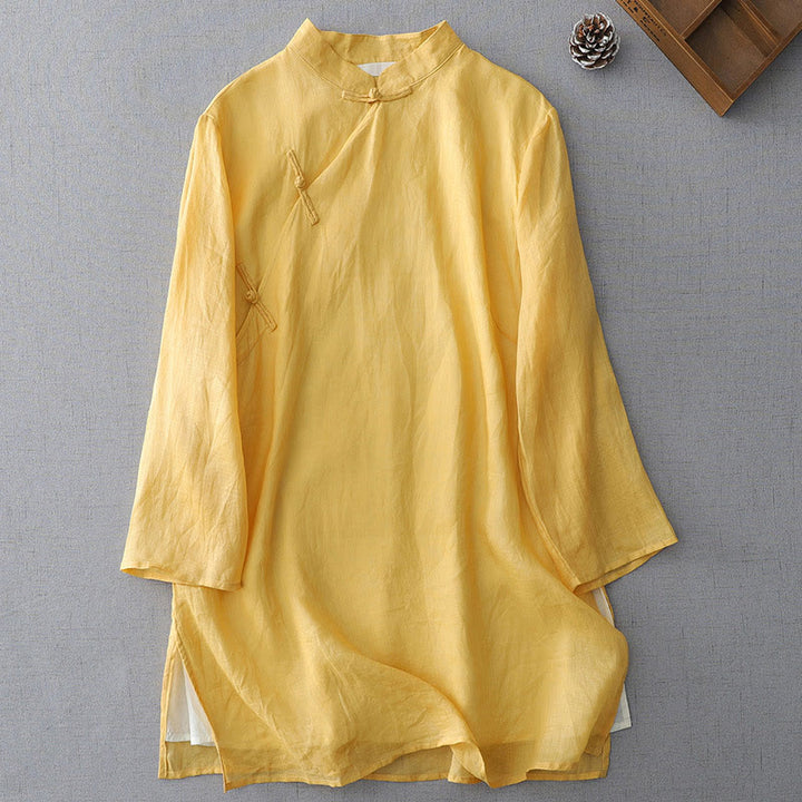 Camisa de lino y algodón de doble capa con manga tres cuartos y botones de rana de color liso con Buddha Stones - Limón Chiffon - US8-10，UK/AU12-14，EU40-42 (2XL) - image 5