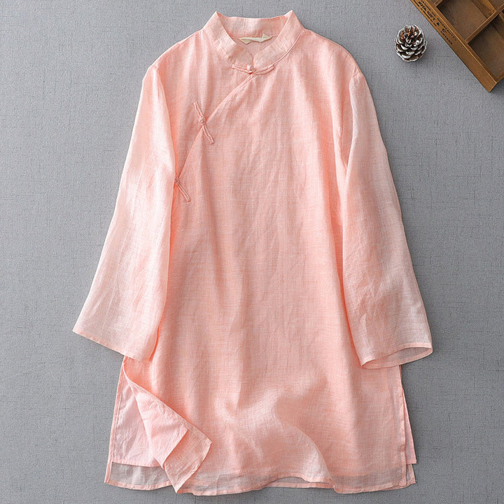 Camisa de lino y algodón de doble capa con manga tres cuartos y botones de rana de color liso con Buddha Stones - Rosa Misty - US8-10，UK/AU12-14，EU40-42 (2XL) - image 17
