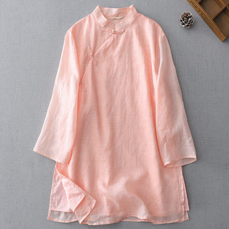 Camisa de lino y algodón de doble capa con manga tres cuartos y botones de rana de color liso con Buddha Stones - MistyRose - US8-10，UK/AU12-14，EU40-42 (2XL) - image 19