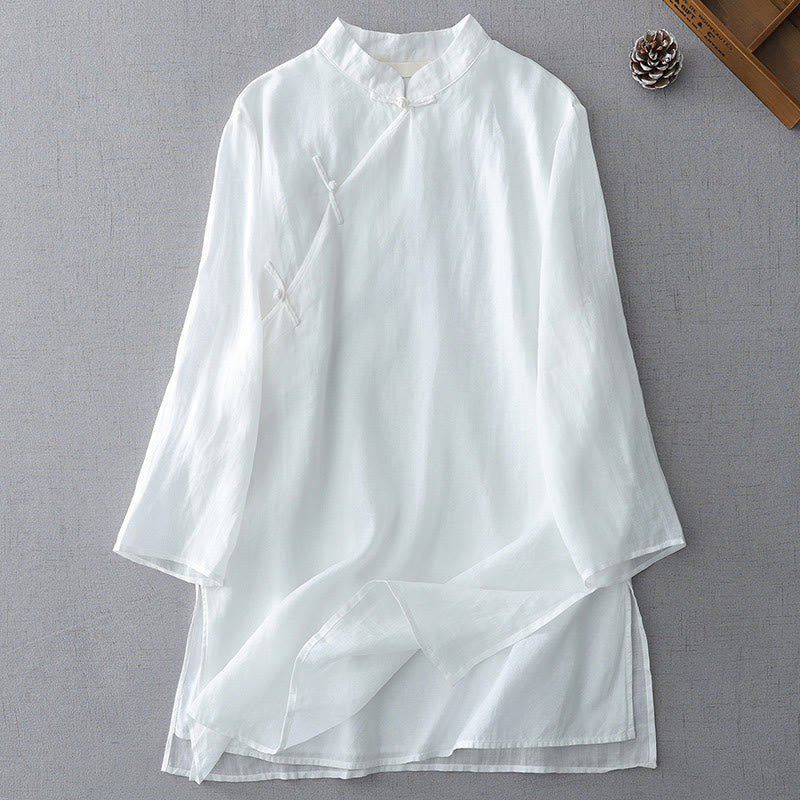 Camisa de lino y algodón de doble capa con manga tres cuartos y botones de rana de color liso con Buddha Stones - Blanco - US8-10，UK/AU12-14，EU40-42 (2XL) - image 2