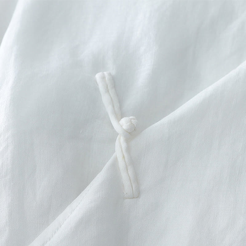 Camisa de lino y algodón de doble capa con manga tres cuartos y botones de rana de color liso con Buddha Stones - image 3