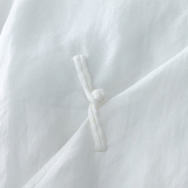 Camisa de lino y algodón de doble capa con manga tres cuartos y botones de rana de color liso con Buddha Stones - image 3