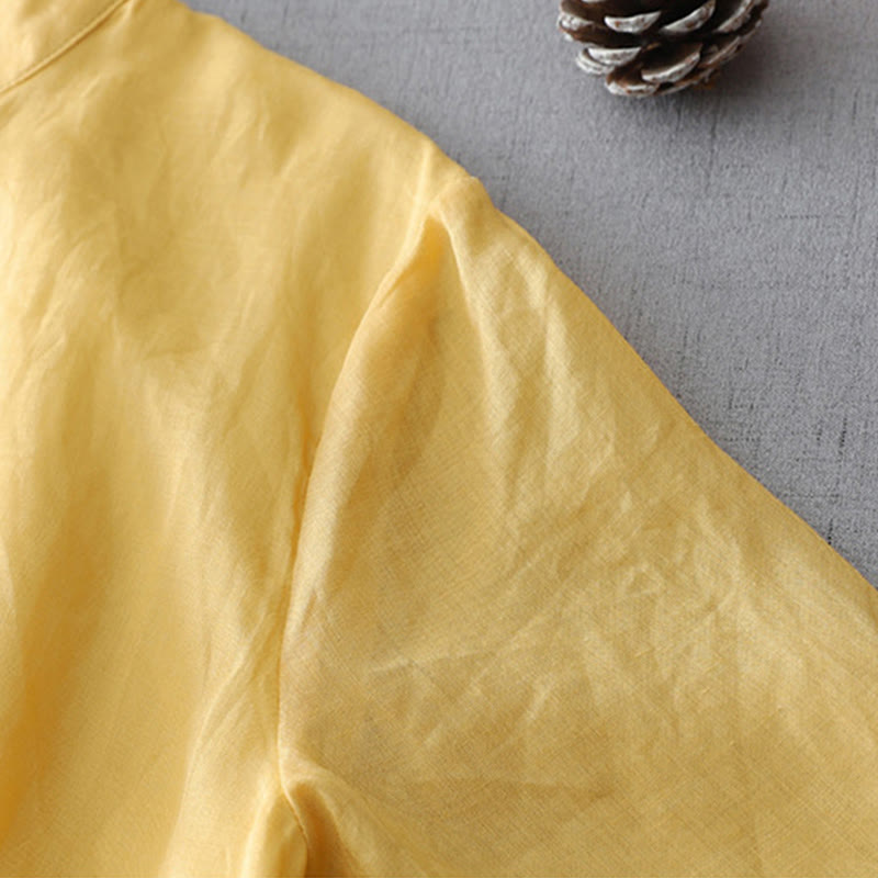 Camisa de lino y algodón de doble capa con manga tres cuartos y botones de rana de color liso con Buddha Stones - image 11