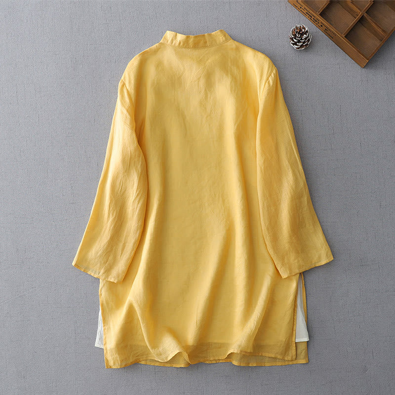 Camisa de manga tres cuartos de doble capa con botones de rana y estampado de Buddha Stones, color liso. - image 6