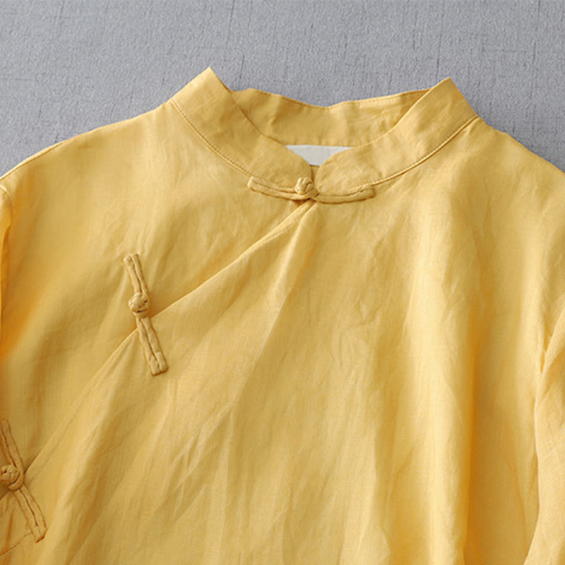 Camisa de lino y algodón de doble capa con manga tres cuartos y botones de rana de color liso con Buddha Stones - image 8