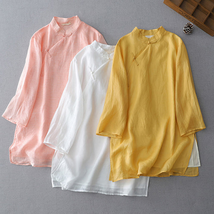 Camisa de lino y algodón de doble capa con manga tres cuartos y botones de rana de color liso con Buddha Stones - image 0