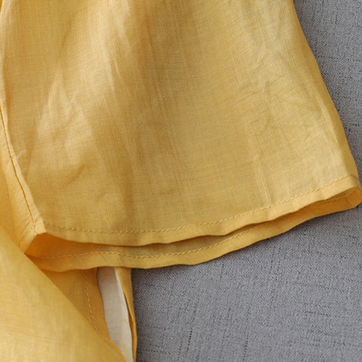Camisa de manga tres cuartos de doble capa con botones de rana y estampado de Buddha Stones, color liso. - image 11