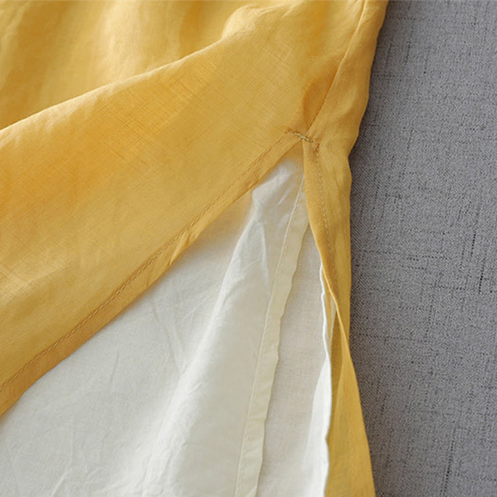 Camisa de lino y algodón de doble capa con manga tres cuartos y botones de rana de color liso con Buddha Stones - image 13