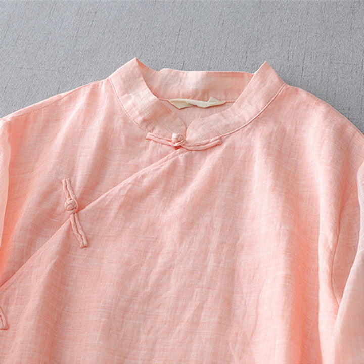 Camisa de lino y algodón de doble capa con manga tres cuartos y botones de rana de color liso con Buddha Stones - image 20