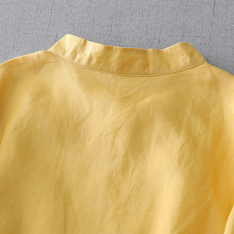 Camisa de lino y algodón de doble capa con manga tres cuartos y botones de rana de color liso con Buddha Stones - image 16