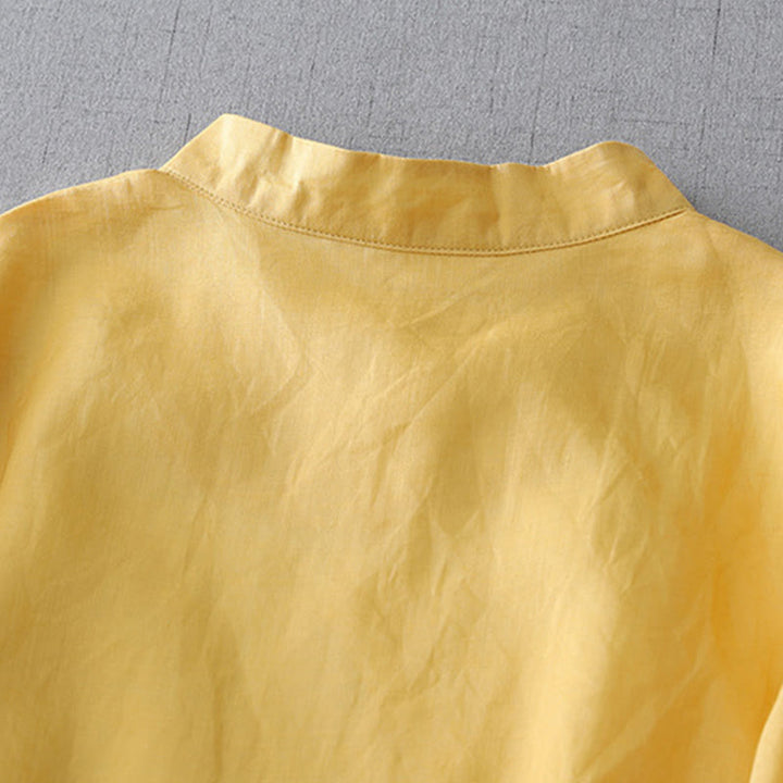 Camisa de lino y algodón de doble capa con manga tres cuartos y botones de rana de color liso con Buddha Stones - image 16