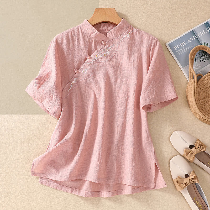 Camisa de lino y algodón de manga corta con botones de rana y bordado de flor de ciruelo con Buddha Stones - MistyRose - 2XL(apto para US8-10; UK/AU12-14; UE 40-42) - image 0