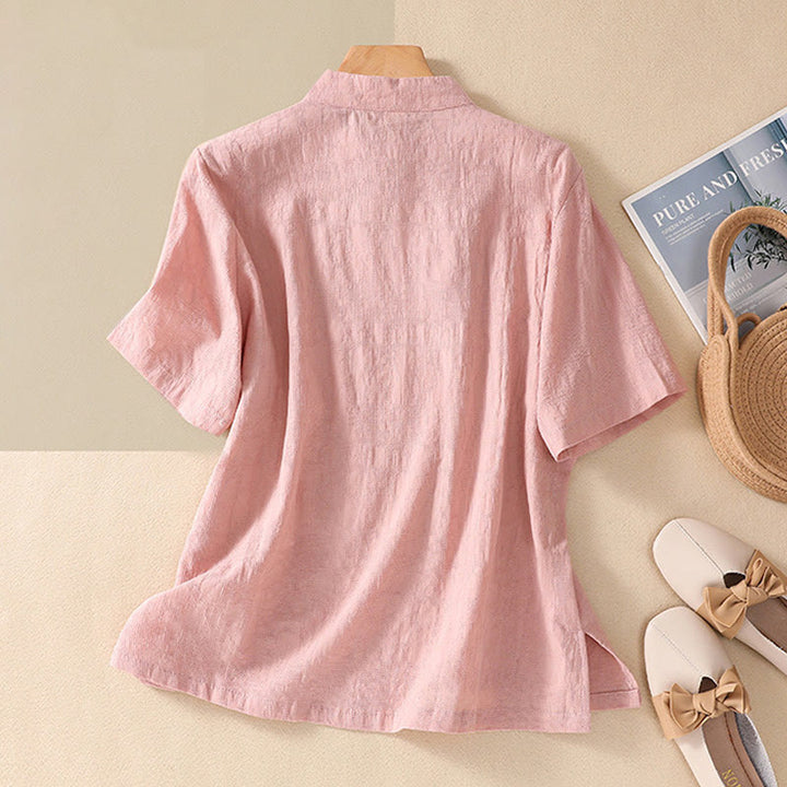 Camisa de lino y algodón de manga corta con botones de rana y bordado de flor de ciruelo con Buddha Stones - image 1
