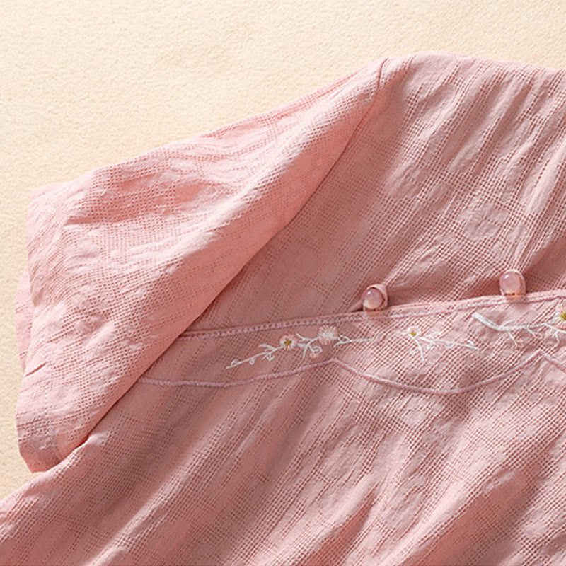 Camisa de lino y algodón de manga corta con botones de rana y bordado de flor de ciruelo con Buddha Stones - image 5