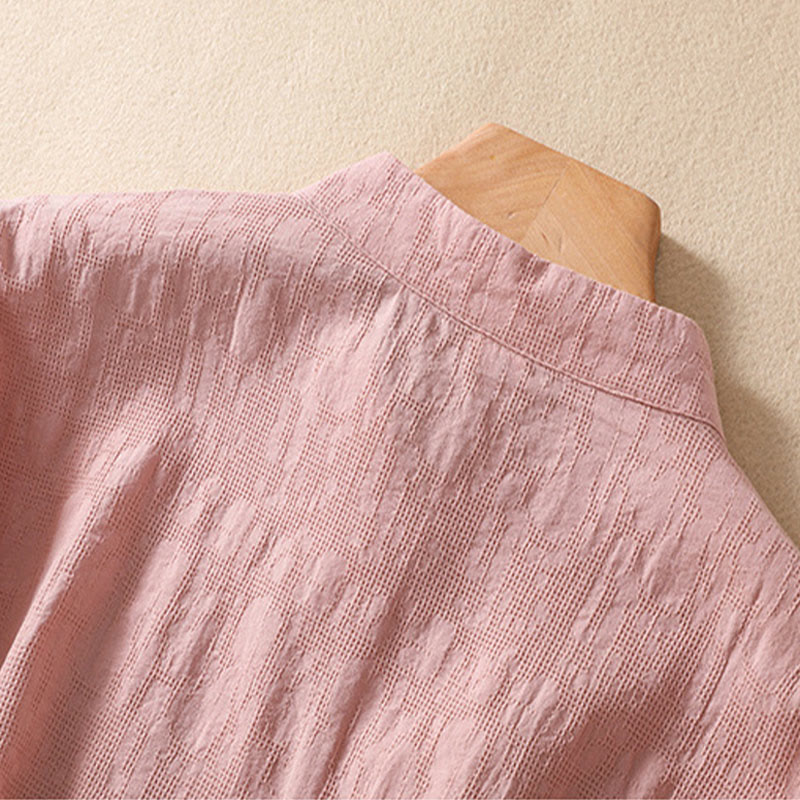 Camisa de lino y algodón de manga corta con botones de rana y bordado de flor de ciruelo con Buddha Stones - image 4