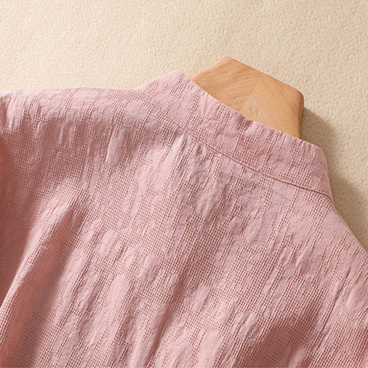 Camisa de lino y algodón de manga corta con botones de rana y bordado de flor de ciruelo con Buddha Stones - image 4