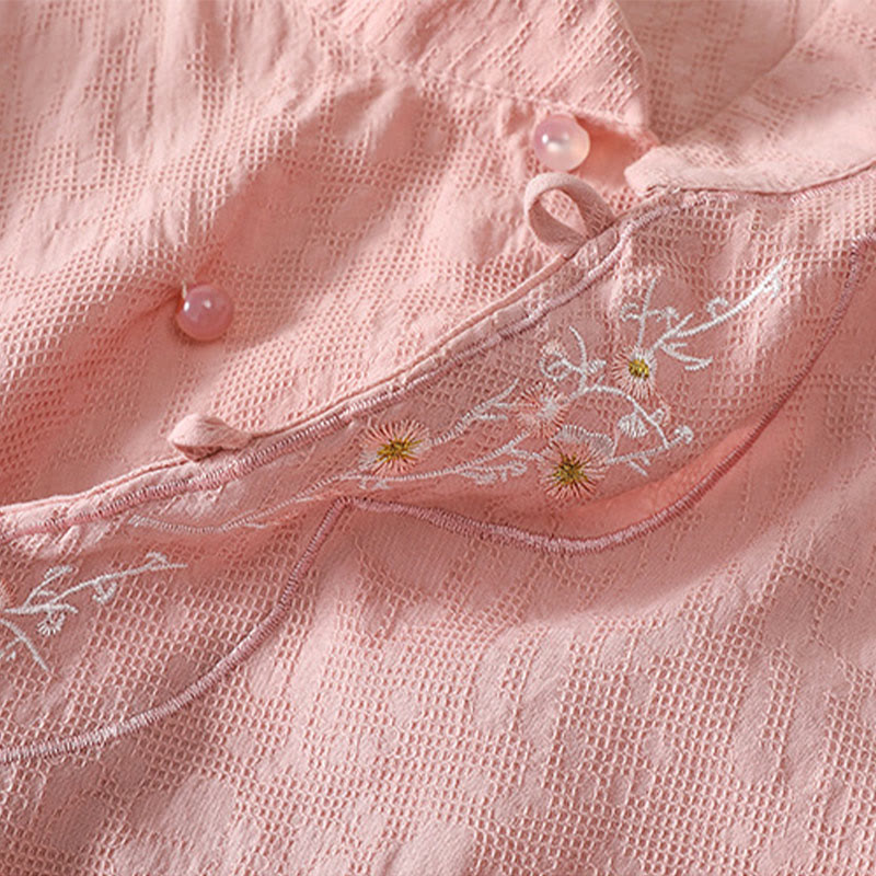 Camisa de lino y algodón de manga corta con botones de rana y bordado de flor de ciruelo con Buddha Stones - image 7