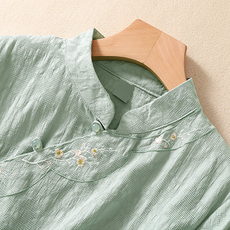 Camisa de lino y algodón de manga corta con botones de rana y bordado de flor de ciruelo con Buddha Stones - image 14