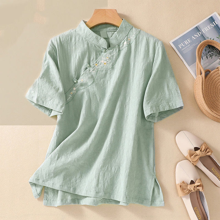 Camisa de lino y algodón de manga corta con botones de rana y bordado de flor de ciruelo con Buddha Stones - Gotas de miel - 2XL(Equivalente a tallas US8-10; UK/AU12-14; EU 40-42) - image 12