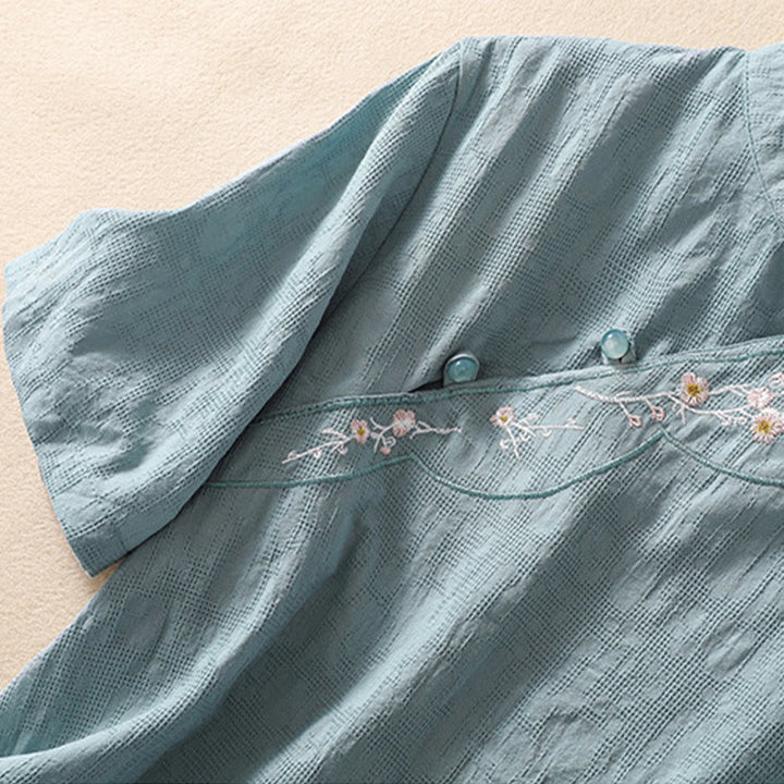 Camisa de lino y algodón de manga corta con botones de rana y bordado de flor de ciruelo con Buddha Stones - image 22