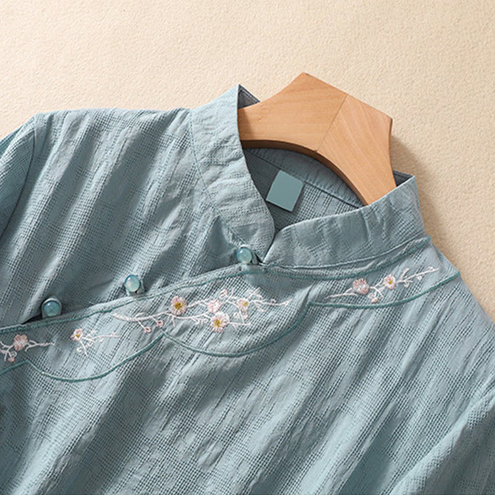 Camisa de lino y algodón de manga corta con botones de rana y bordado de flor de ciruelo con Buddha Stones - image 20
