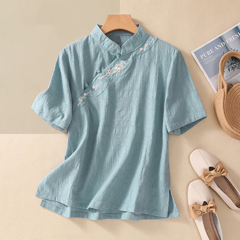 Camisa de lino y algodón de manga corta con botones de rana y bordado de flor de ciruelo con Buddha Stones - Turquesa - 2XL(Equivalente a tallas US8-10; UK/AU12-14; EU 40-42) - image 18