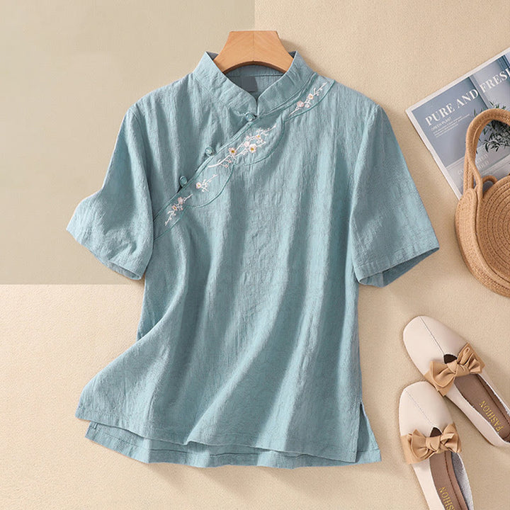 Camisa de lino y algodón de manga corta con botones de rana y bordado de flor de ciruelo con Buddha Stones - Turquesa - 2XL(Equivalente a tallas US8-10; UK/AU12-14; EU 40-42) - image 18