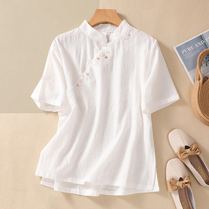 Camisa de lino y algodón de manga corta con botones de rana y bordado de flor de ciruelo con Buddha Stones - Blanco - 2XL(apto para US8-10; UK/AU12-14; UE 40-42) - image 24