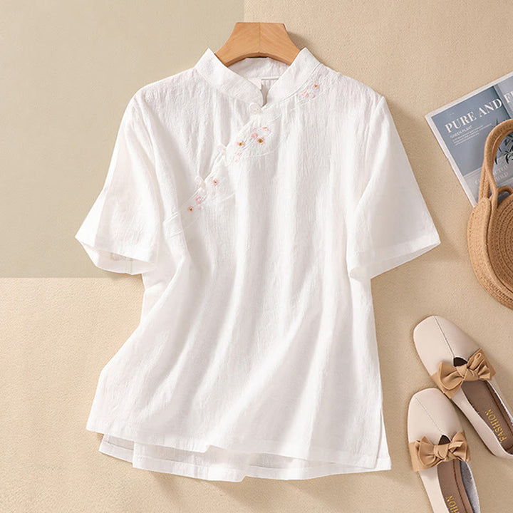 Camisa de lino y algodón de manga corta con botones de rana y bordado de flor de ciruelo con Buddha Stones - Blanco - 2XL(apto para US8-10; UK/AU12-14; UE 40-42) - image 24