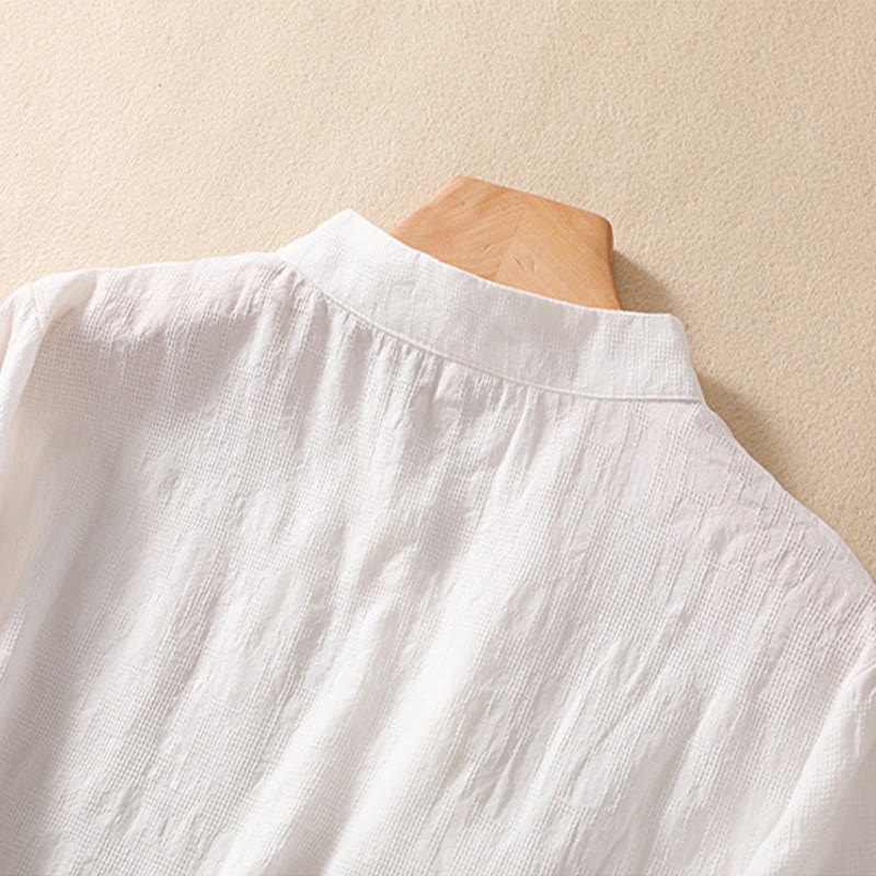 Camisa de lino y algodón de manga corta con botones de rana y bordado de flor de ciruelo con Buddha Stones - image 27