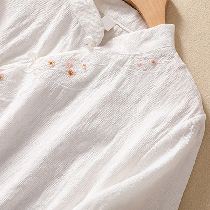 Camisa de lino y algodón de manga corta con botones de rana y bordado de flor de ciruelo con Buddha Stones - image 28