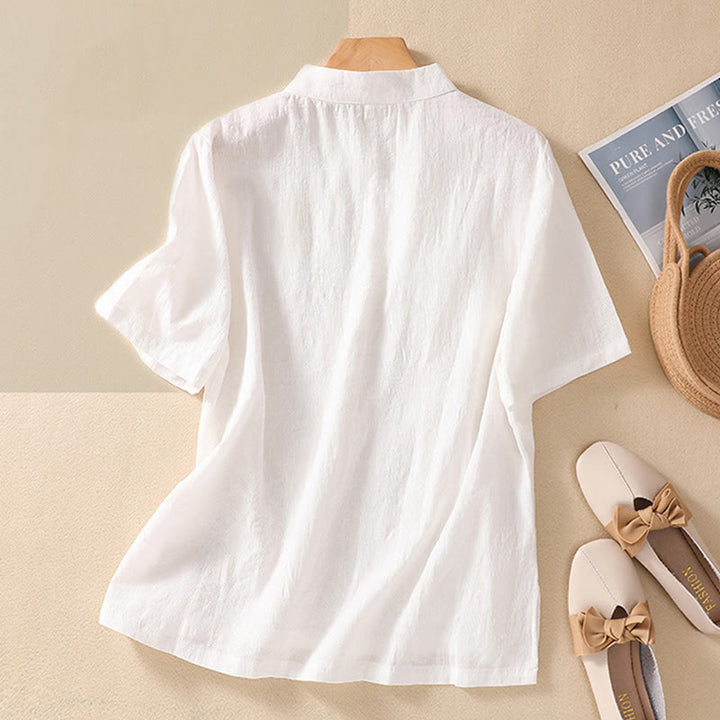 Camisa de lino y algodón de manga corta con botones de rana y bordado de flor de ciruelo con Buddha Stones - image 25